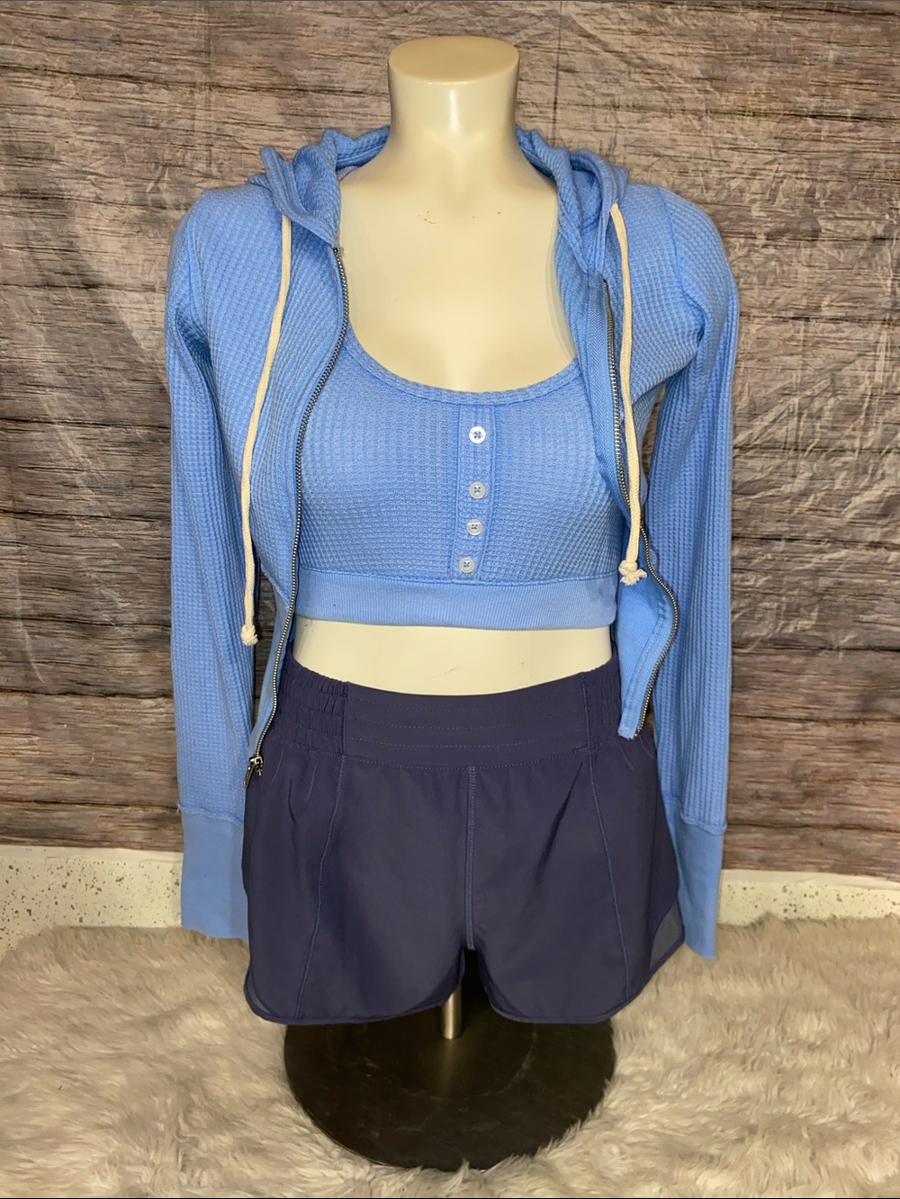 SO Light Blue Waffle Knit Zipped Hoodie With Matching Bra Top
